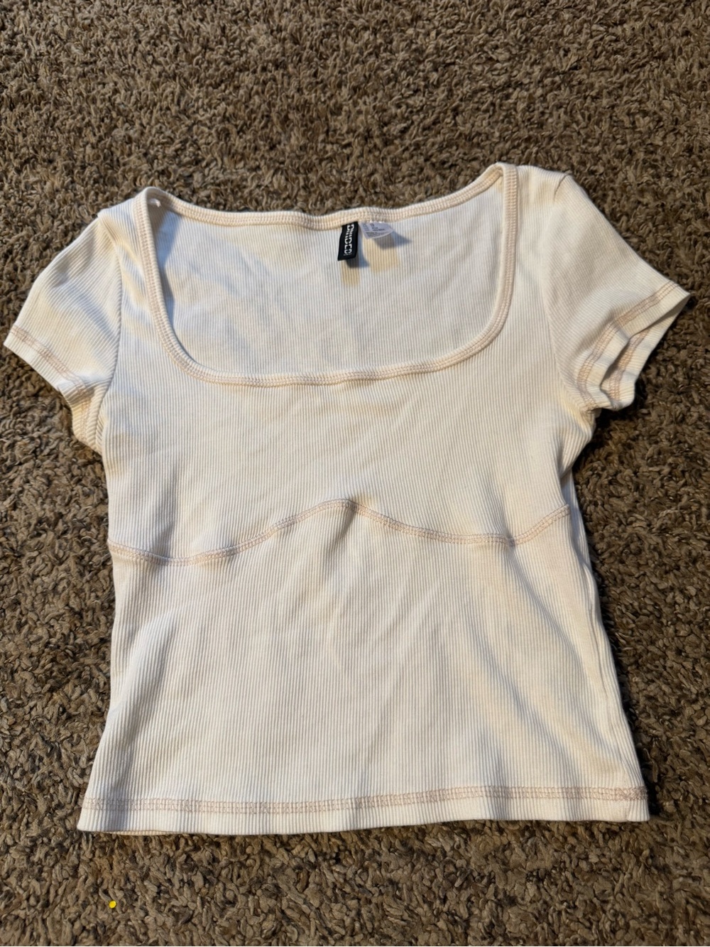 H&M Cream Ribbed Short Sleeve Scoop Neck Top